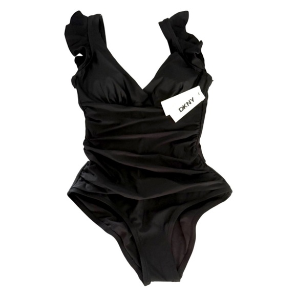 NEW DKNY One Piece Swimsuit Ruffle Straps Tummy Control Low Back Black Size S - Picture 12 of 16